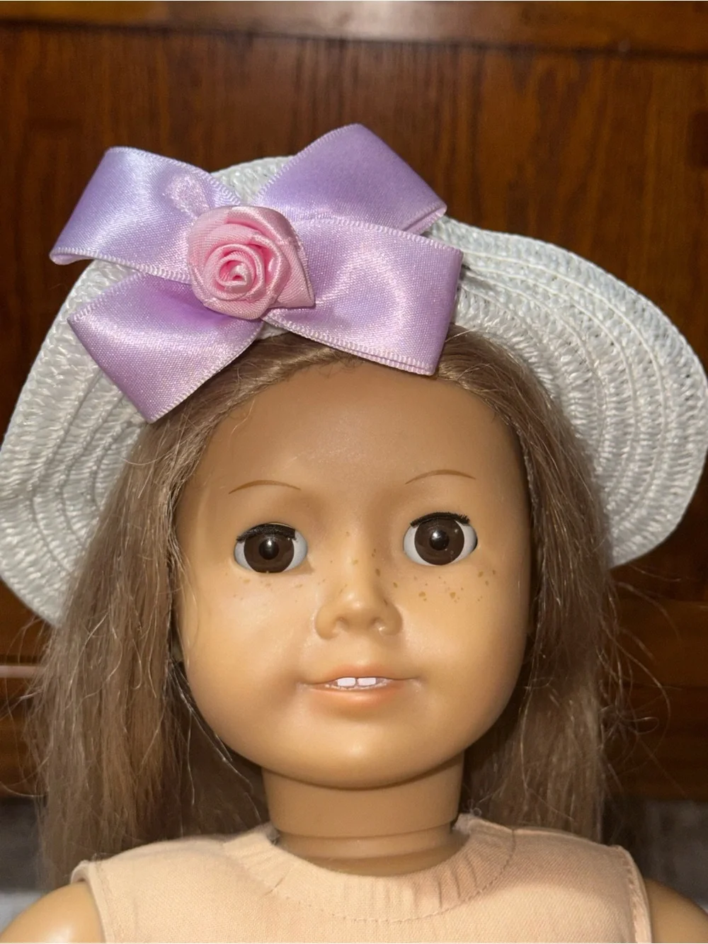 Easter white hat for 18” dolls pink flower purple bow